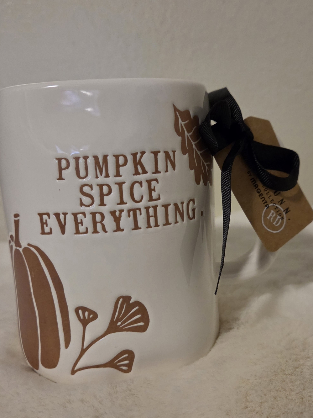 Rae Dunn White Ceramic Mug with Brown Pumpkin Spice Design